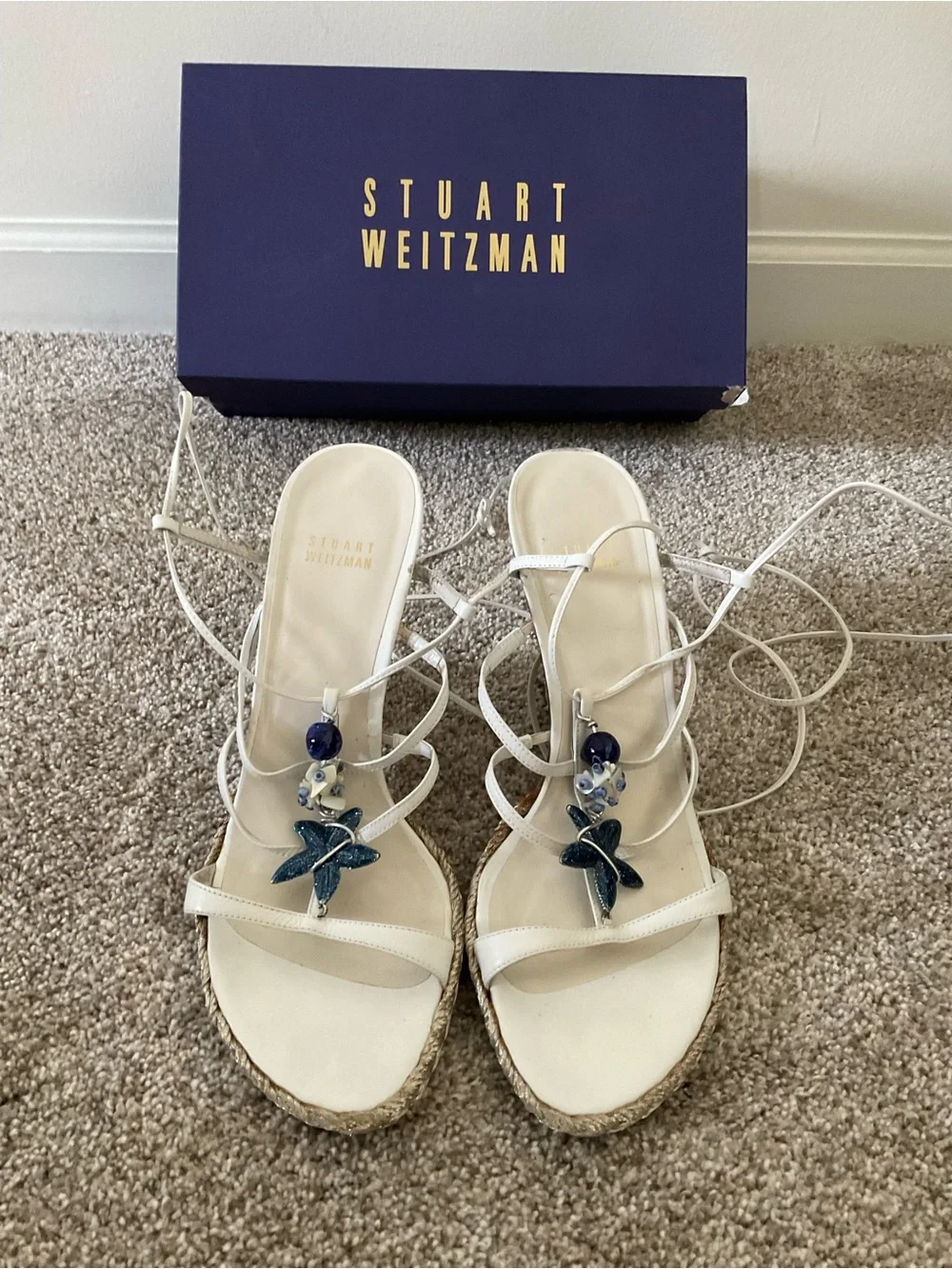 Stuart Weitzman White Strappy Espadrille Wedges with Blue Bead Accents - Picture 8 of 10